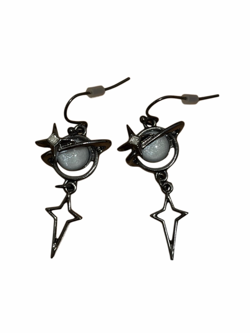 Hand Crafted Silver Planet & Star Drop Earrings with White Orb